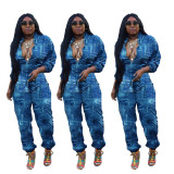 Print Fake Denim Zipper Casual Long Sleeve Jumpsuit
