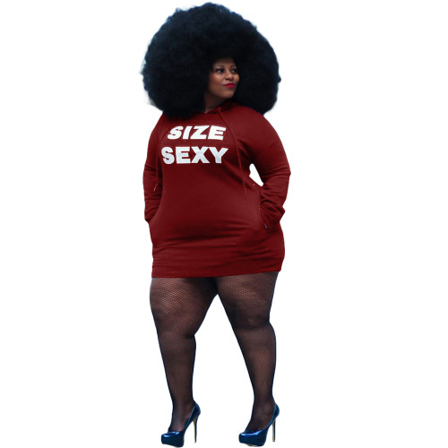 Plus Size Red Letter Graphic Hooded Long Sleeve Short Dresses