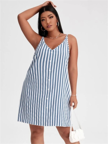 Plus Size Blue V Neck Striped Straps Casual Dress