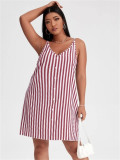 Plus Size Khaki V Neck Striped Straps Casual Dress