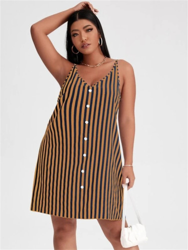 Plus Size Khaki V Neck Striped Straps Casual Dress