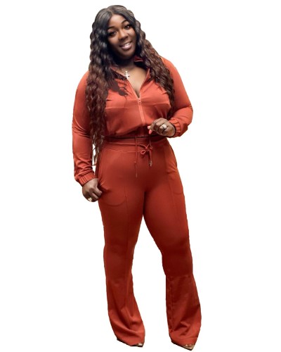 Plus Size Solid Zipper Jacket and Flare Pants 2PCS Set