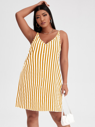 Yellow Plus Size V Neck Striped Straps Casual Dress