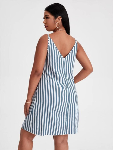 Plus Size Blue V Neck Striped Straps Casual Dress