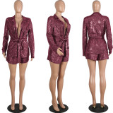 Metallic Burgundy Long Sleeve Blazer and Shorts 2PCS Set
