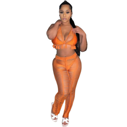Orange Hollow Out Beach Cover UP Two Piece Pants Set