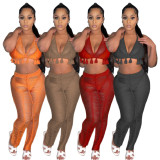 Orange Hollow Out Beach Cover UP Two Piece Pants Set