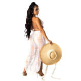 Sexy Orange Hollow Out Tassel Halter Bra and Slit Long Skirt Knit Two Piece Cover Up