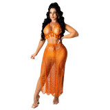 Sexy Orange Hollow Out Tassel Halter Bra and Slit Long Skirt Knit Two Piece Cover Up
