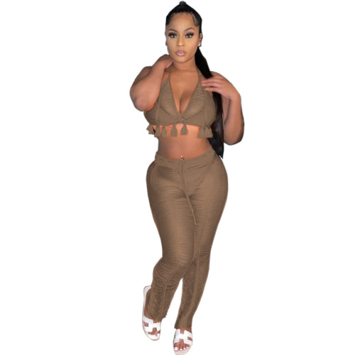 Khaki Hollow Out Beach Cover UP Two Piece Pants Set