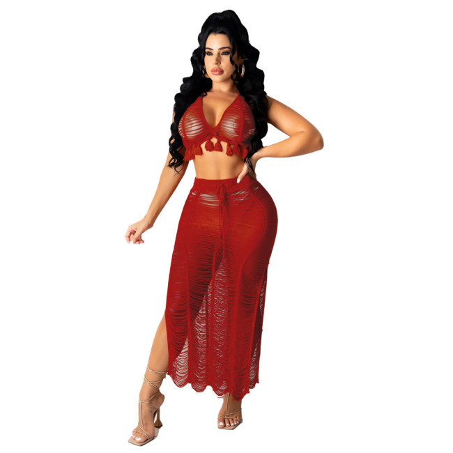 Sexy Red Hollow Out Tassel Halter Bra and Slit Long Skirt Knit Two Piece Cover Up