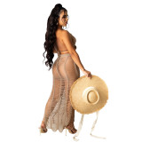 Sexy Orange Hollow Out Tassel Halter Bra and Slit Long Skirt Knit Two Piece Cover Up