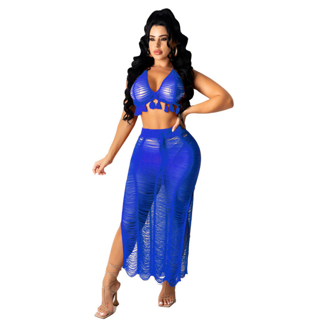 Sexy Blue Hollow Out Tassel Halter Bra and Slit Long Skirt Knit Two Piece Cover Up
