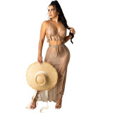 Sexy Orange Hollow Out Tassel Halter Bra and Slit Long Skirt Knit Two Piece Cover Up