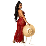 Sexy Orange Hollow Out Tassel Halter Bra and Slit Long Skirt Knit Two Piece Cover Up