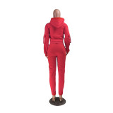 Red Hooded Tracksuit with Pockets