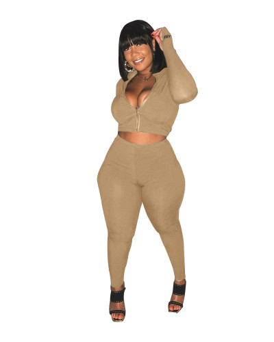 Plus Size Khaki Ribbed Embroidered Letter Two Piece Set