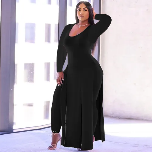 Plus Size Gray Full Sleeve Slit Long Dress Top and Pants Set