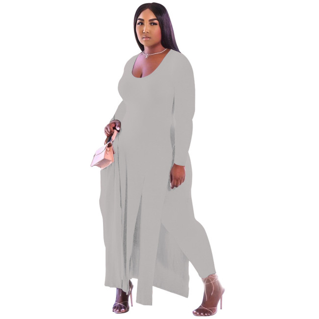 Plus Size Gray Full Sleeve Slit Long Dress Top and Pants Set