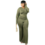 Plus Size Black Ruched Crop Top and Pants Two Piece Set