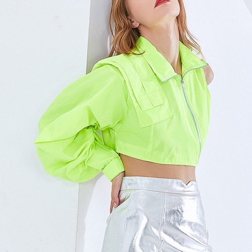 One Shoulder Neon Green Short Jacket