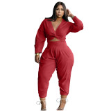 Red Twist Long Sleeve Crop Top and Pants Casual Two Pieces