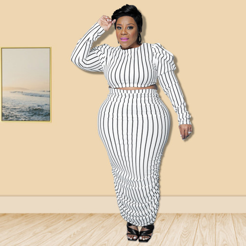 Plus Size Stripes White Puff Sleeve Crop Top and Ruched Long Skirt Set