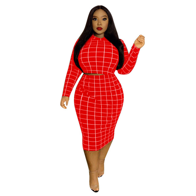 Red Check Print Plus Size Two Piece Skirt Set