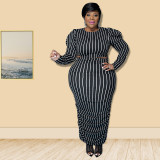 Plus Size Stripes Black Puff Sleeve Crop Top and Ruched Long Skirt Set