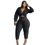 Black Twist Long Sleeve Crop Top and Pants Casual Two Pieces