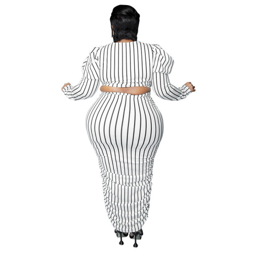 Plus Size Stripes White Puff Sleeve Crop Top and Ruched Long Skirt Set