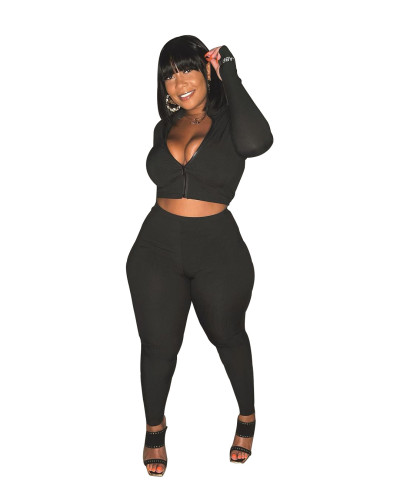 Plus Size Black Ribbed Embroidered Letter Two Piece Set