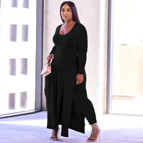 Black Plus Size Full Sleeve Slit Long Dress Top and Pants Set
