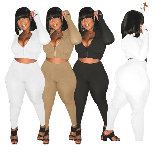 Plus Size White Ribbed Embroidered Letter Two Piece Set
