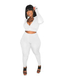 Plus Size White Ribbed Embroidered Letter Two Piece Set
