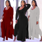 Black Plus Size Full Sleeve Slit Long Dress Top and Pants Set