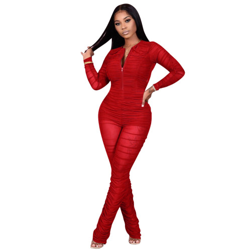 Sexy Red Zip Up Mesh Splicing Ruched Jumpsuit