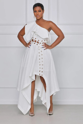 White One Shoulder Sexy Hollow Out Ruffle Irregular Dress