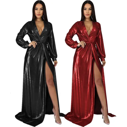 Black Sexy  Evening Dress gilded V-neck Long Sleeve Dress