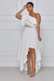 White One Shoulder Sexy Hollow Out Ruffle Irregular Dress