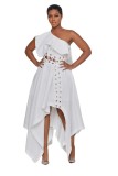 White One Shoulder Sexy Hollow Out Ruffle Irregular Dress