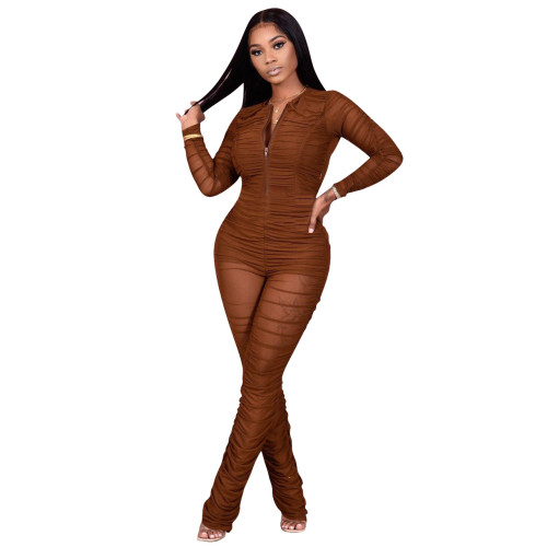 Sexy Brown Zip Up Mesh Splicing Ruched Jumpsuit