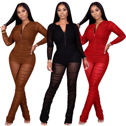 Sexy Red Zip Up Mesh Splicing Ruched Jumpsuit