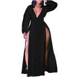 Sexy Slit Black Long Sleeve Plus Size Maxi Dress