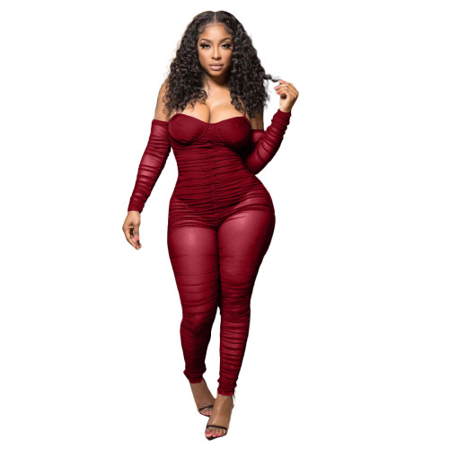 Burgundy Straps Ruched Mesh Splicing Sexy Jumpsuits with Sleeves
