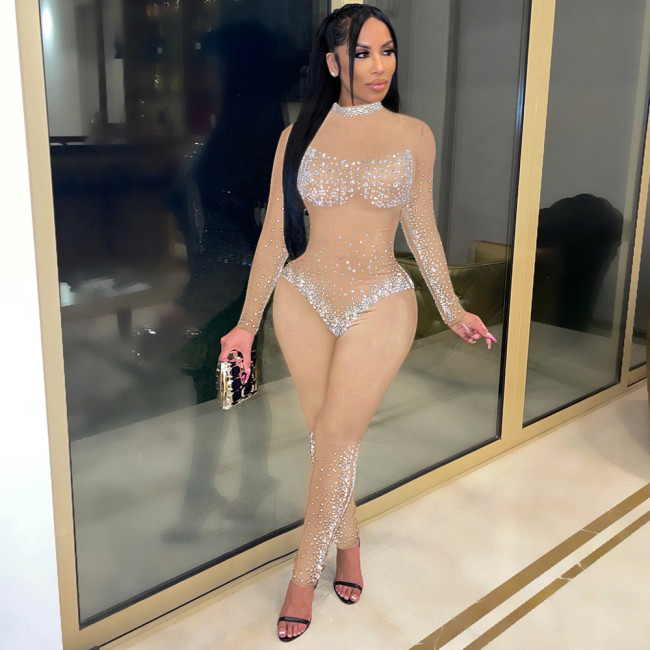 Sexy Rhinestone See Through Mesh Beige Long Sleeve Tight Jumpsuit