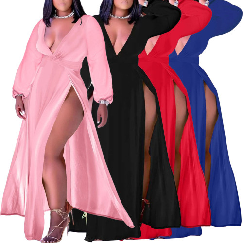 Sexy Slit Red Long Sleeve Plus Size Maxi Dress