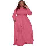 Plus Size Pink Long Sleeve Crop Top and Long Skirt 2PCS