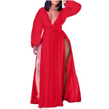 Sexy Slit Pink Long Sleeve Plus Size Maxi Dress
