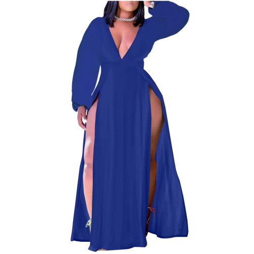 Sexy Slit Blue Long Sleeve Plus Size Maxi Dress